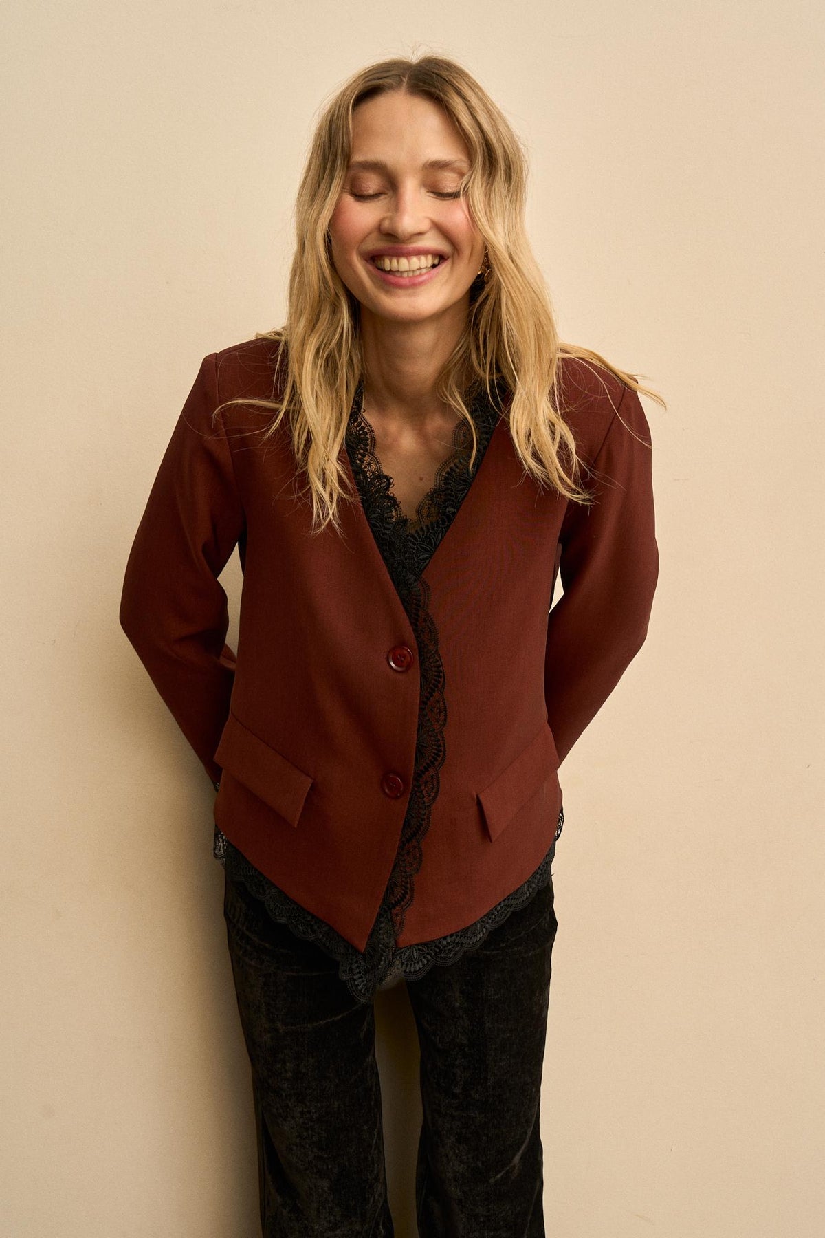 Esmeraline Lace-Lapel Blazer