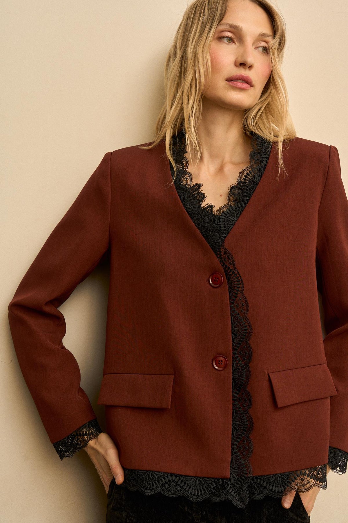 Esmeraline Lace-Lapel Blazer