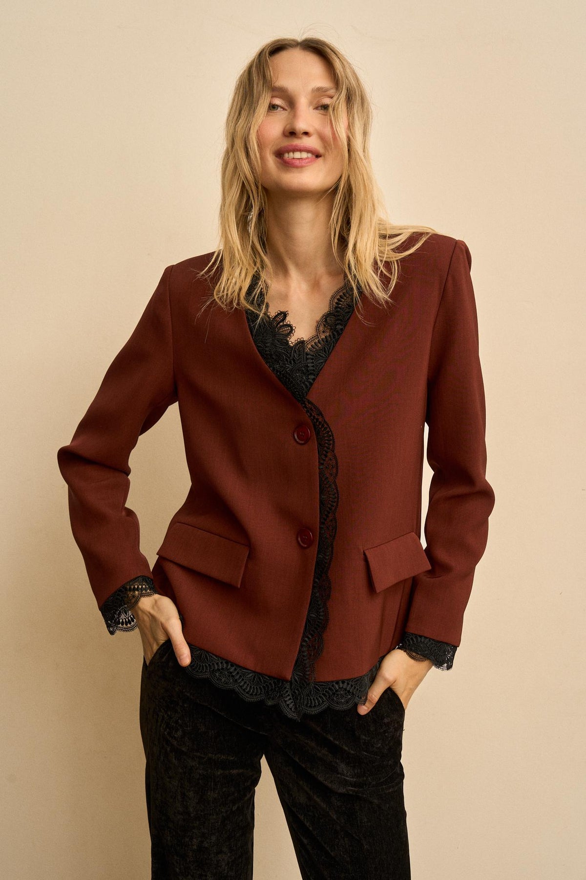 Esmeraline Lace-Lapel Blazer
