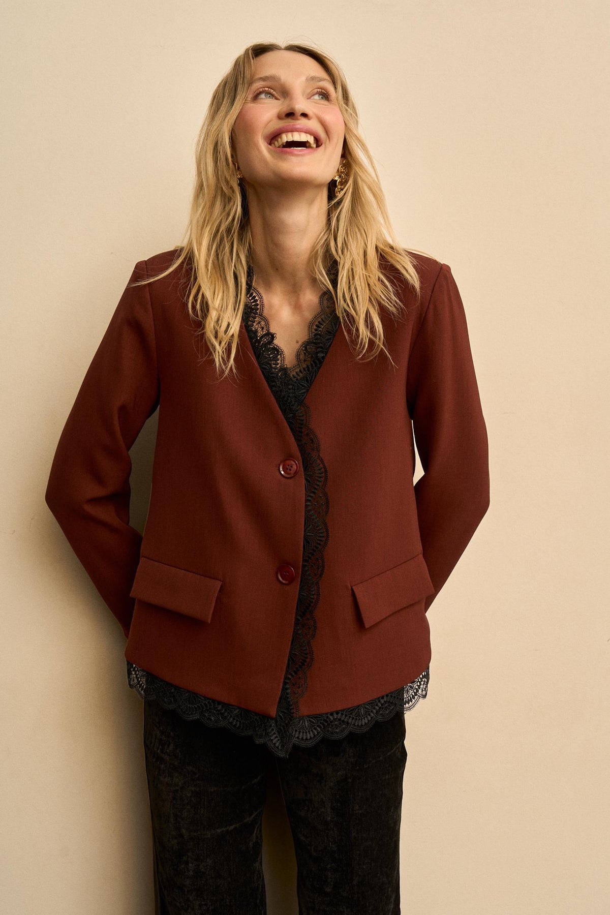 Esmeraline Lace-Lapel Blazer