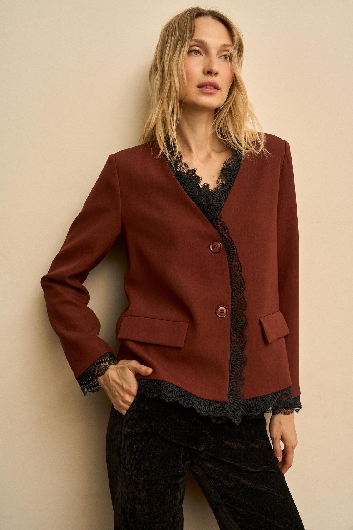 Esmeraline Lace-Lapel Blazer