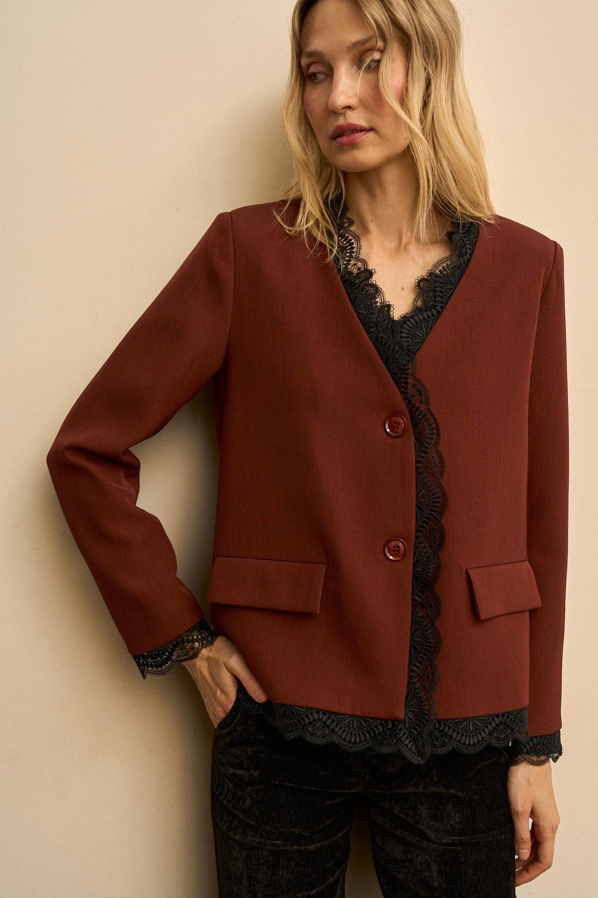 Esmeraline Lace-Lapel Blazer
