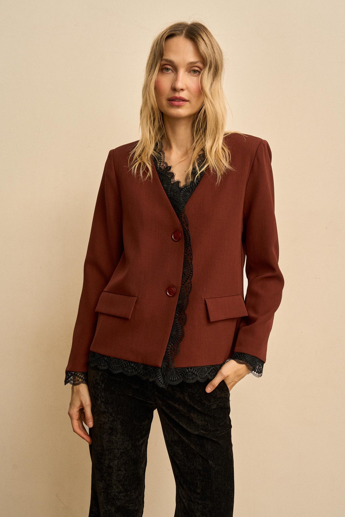 Esmeraline Lace-Lapel Blazer